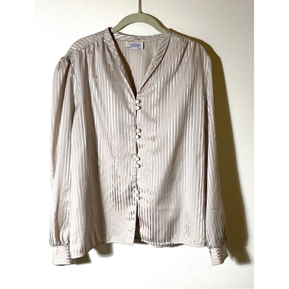 Vintage 70s Silky Satin Pinstripe Ivory Secretary Blouse Top Long Sleeve Shirt
